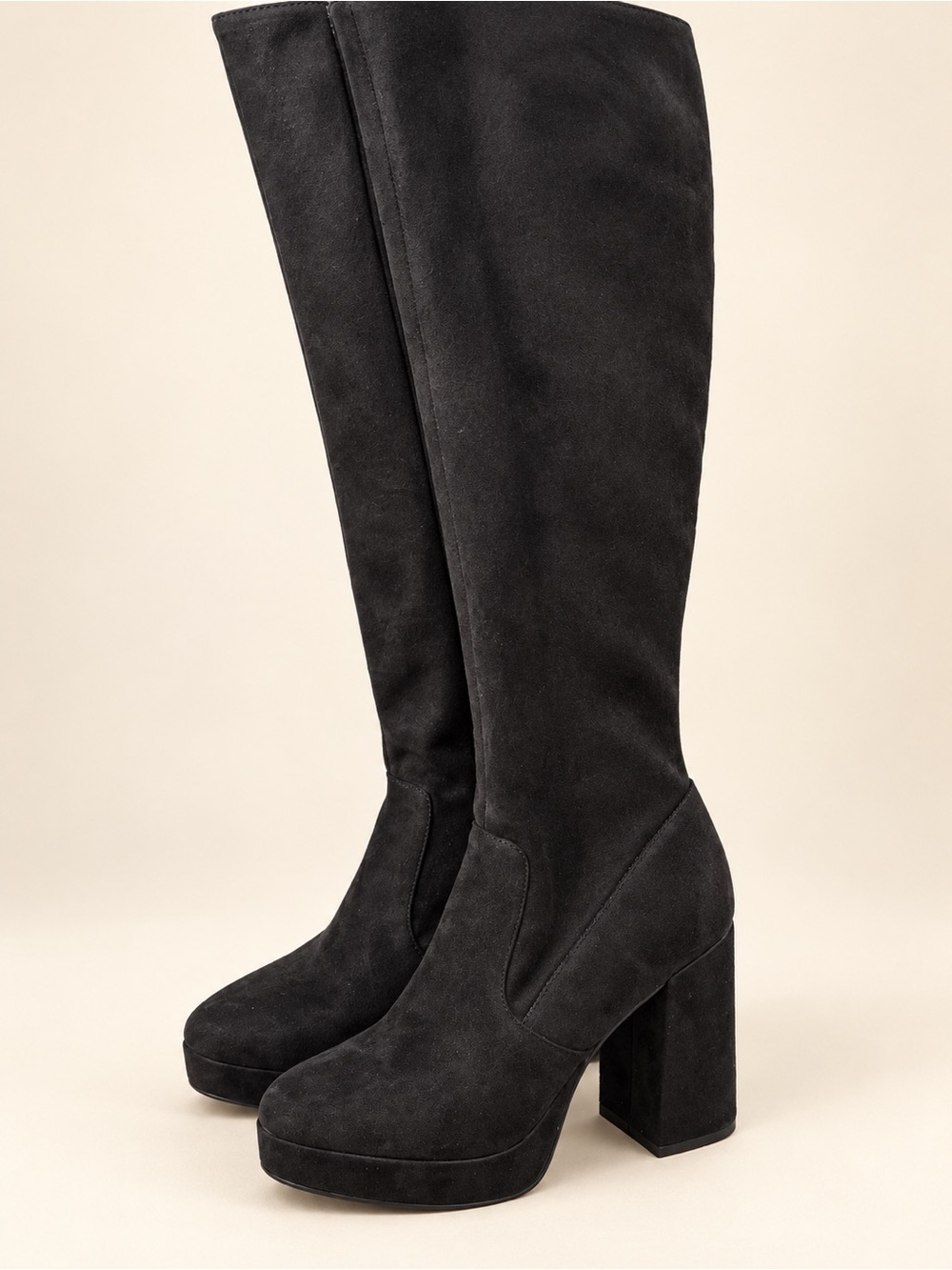 Steve Madden Black Suede Knee-High Platform Block Heel Boots